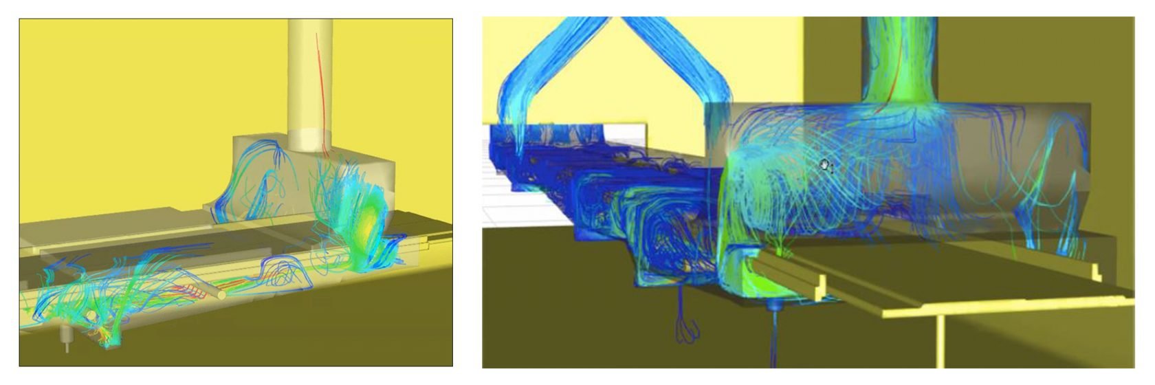 CFD models showing velocity of airflow inside an oven for food manufacturing.