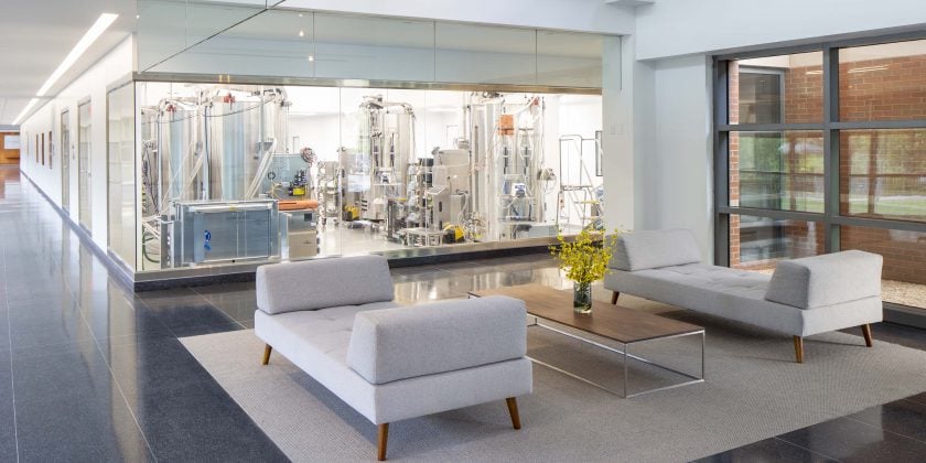 Glass walls in lobby give views into GMP cleanroom