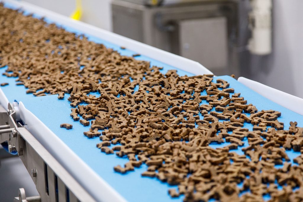 Pet treats on conveyor