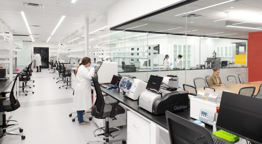 Shared laboratory equipment area in a coworking lab facility