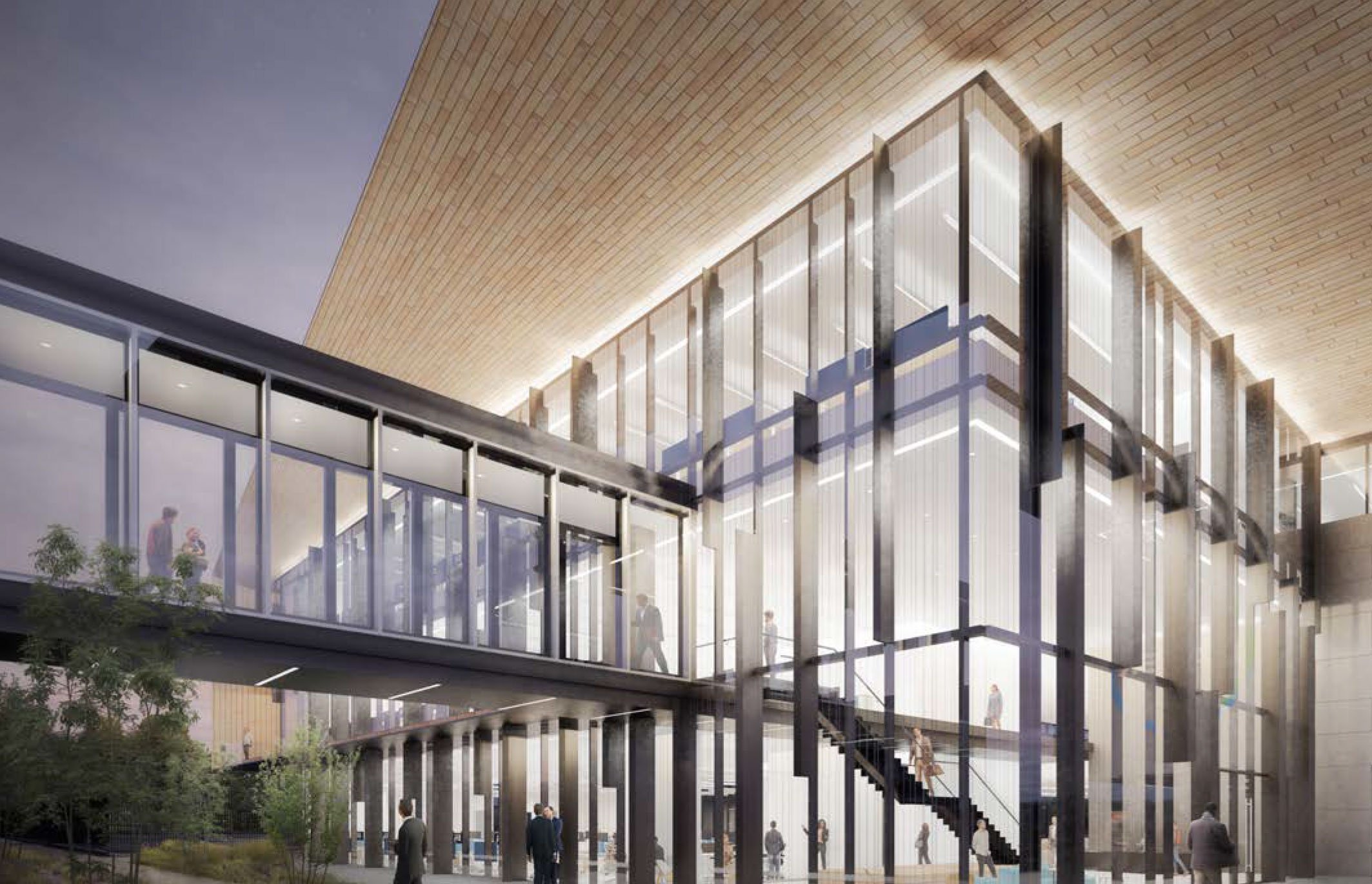 modern office rendering with glass walkway and large windows