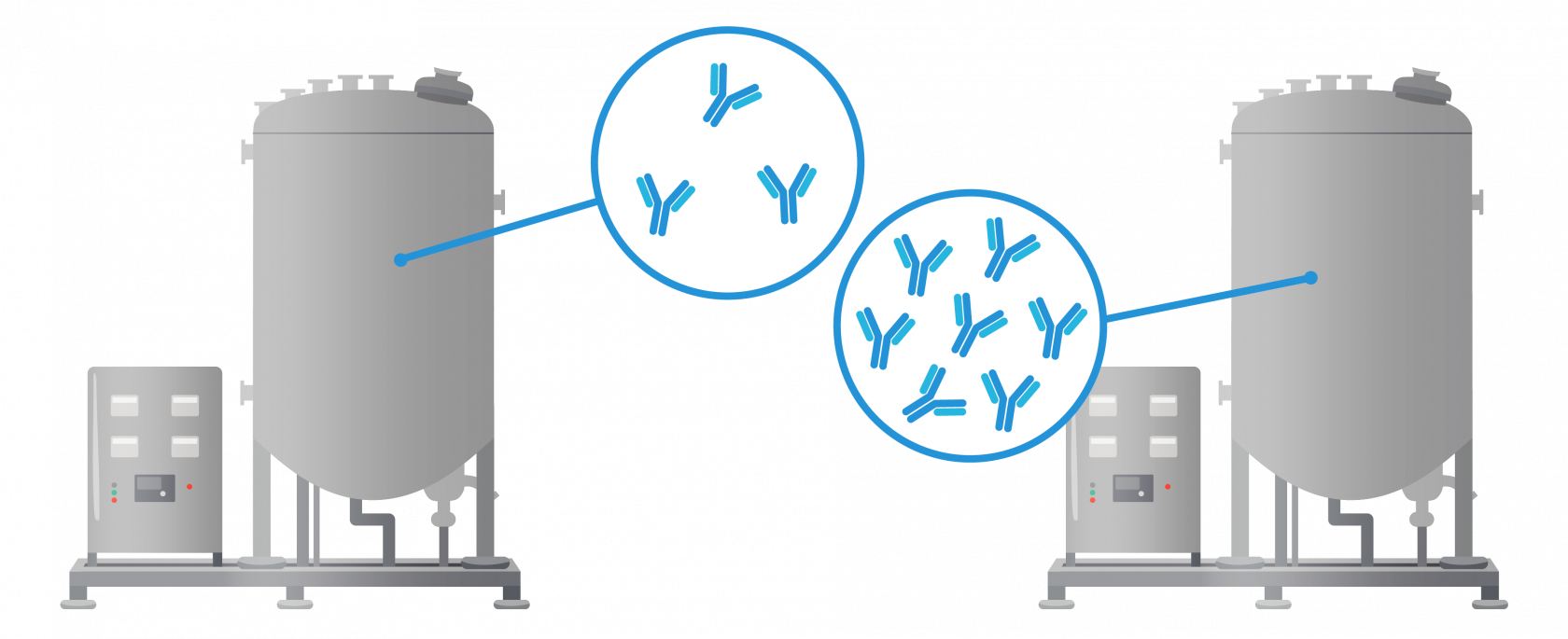 Stainless steel bioreactors manufacturing antibodies - simple diagram