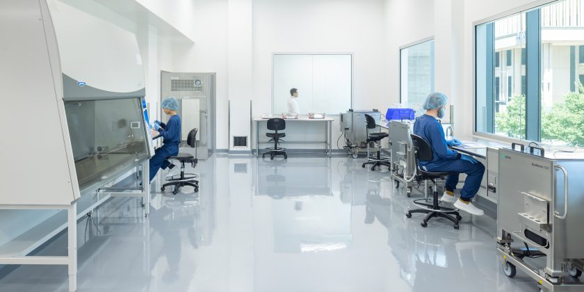 Cleanroom in biotech manufacturing facility with biosafety cabinets