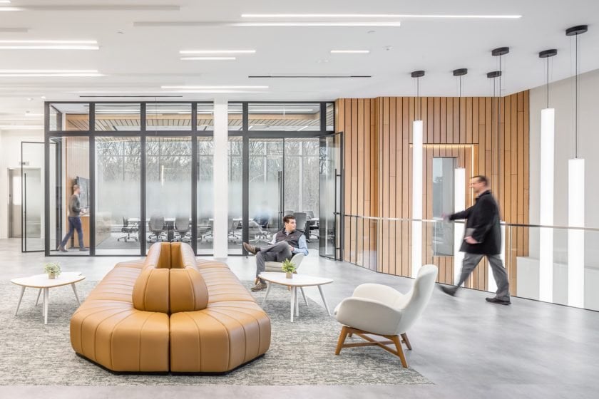 Modern gene therapy facility featuring clean architectural lines, glass, wood and functional design for advanced manufacturing.