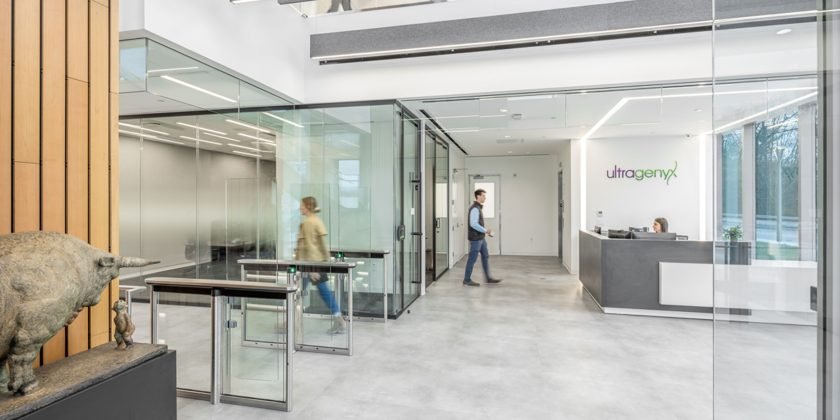 Open lobby space with glass elements and enhanced security features.