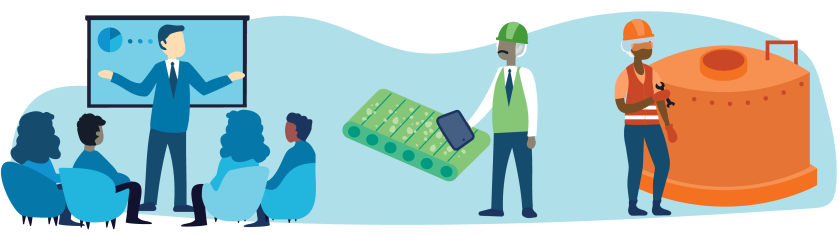 Illustration showing group in training session, a safety inspector at a food line and a maintenance supervisor by a production tank