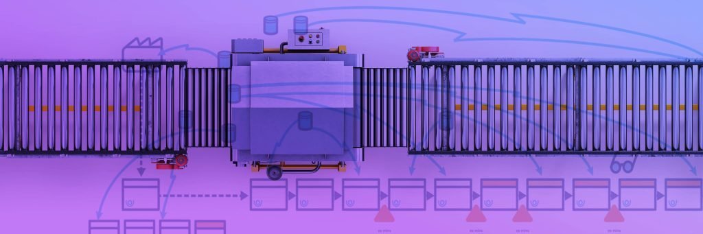 purple manufacturing plant with value stream map overlay