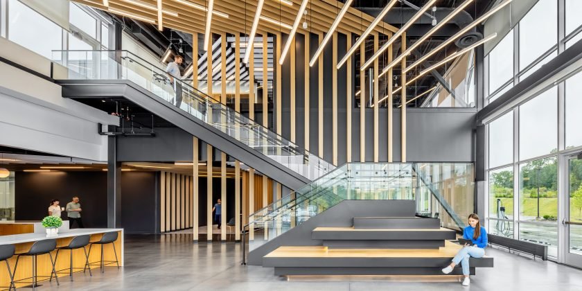 Open, modern architectural staircase in gene therapy facility