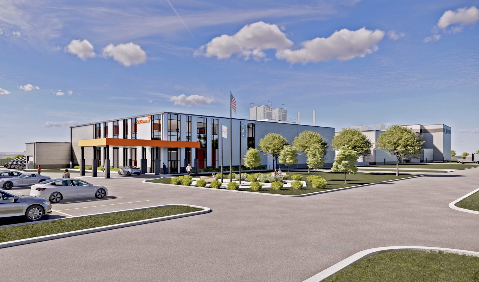 A rendering of a large white building with orange trim against a blue sky, with a parking lot in front.