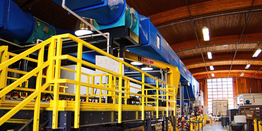 A 36-meter (118-foot) channel combining a wave tank and wind tunnel, was incorporated into the lab building.