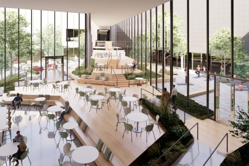 Rendering of communal office space with ada ramp