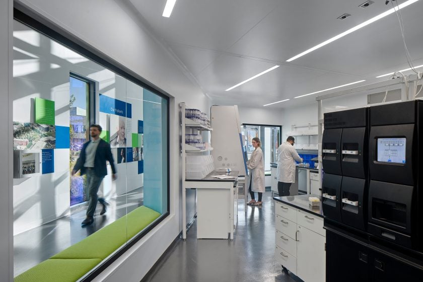 Window from lab into corridor