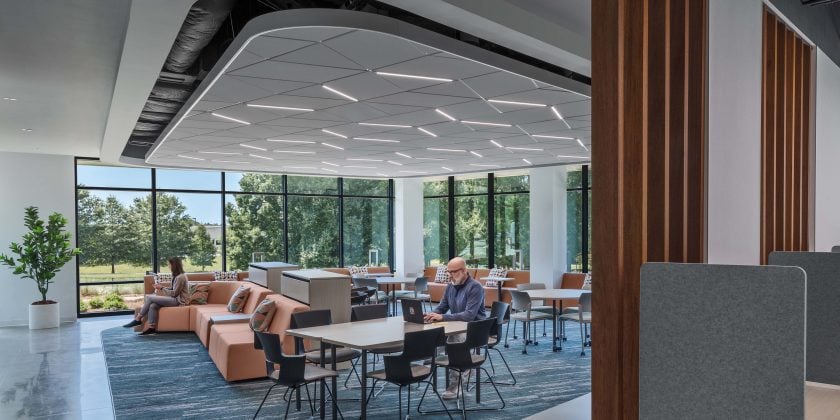 open collaboration space with organic architectural finishes and natural wood accents