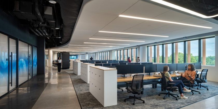 Open office space with sustainable material in a cell therapy facility.
