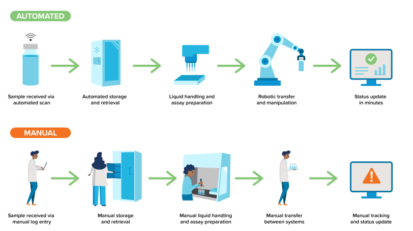Diagram comparing automated and manual sample handling processes, including storage and retrieval, liquid handling, robotic transfer, and workflow status tracking.